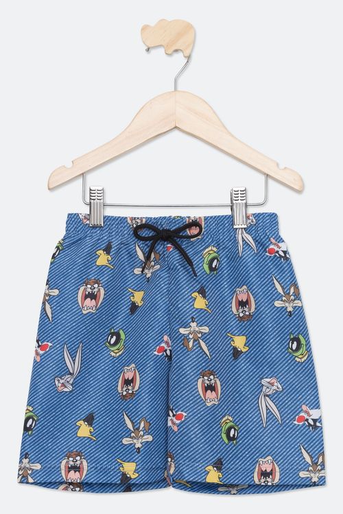 Shorts Infantil em Tactel com Estampa Looney Tunes Azul Tam 4 a 10