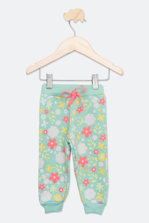 Calça Jogger Infantil Bebê com Estampa Floral Verde Claro Tam P ao G