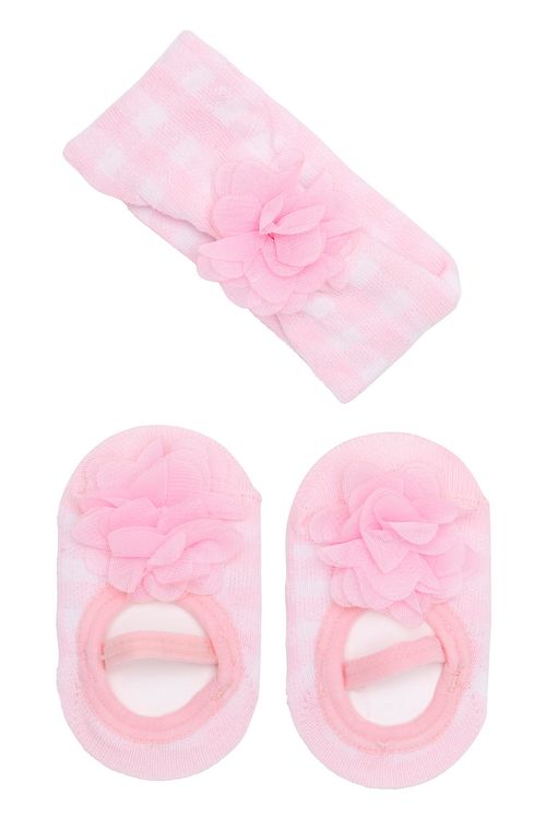 Kit Meia Infantil Bebê Sapatilha e Faixa Para Cabelo com Aplique Rosa Tam 14 ao 18
