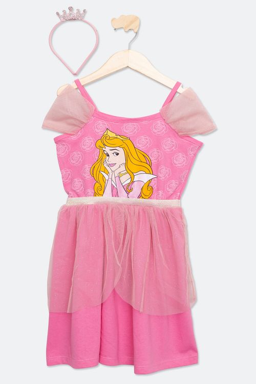 Vestido Infantil com Tiara Estampa Princesa Aurora em Tule Rosa Tam 4 a 10