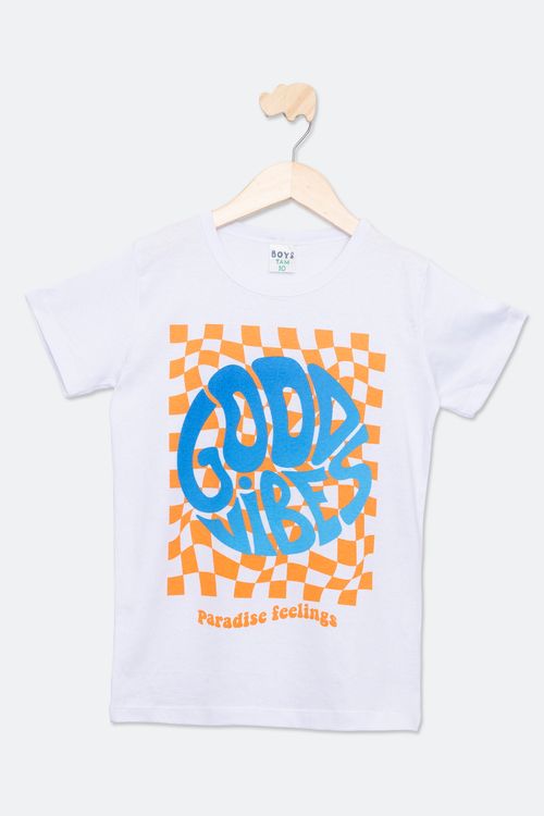 Camiseta Juvenil com Estampa Good Vibes Branca Tam 10 a 16