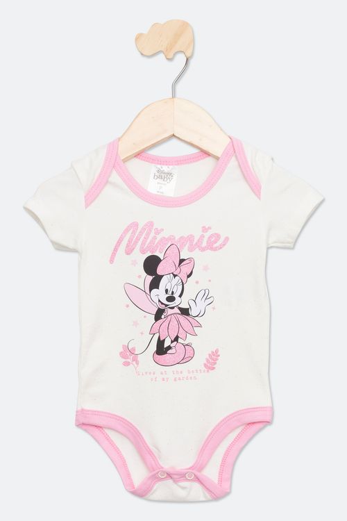 Body Infantil Bebê com Estampa Minnie Off White e Rosa Tam P ao G