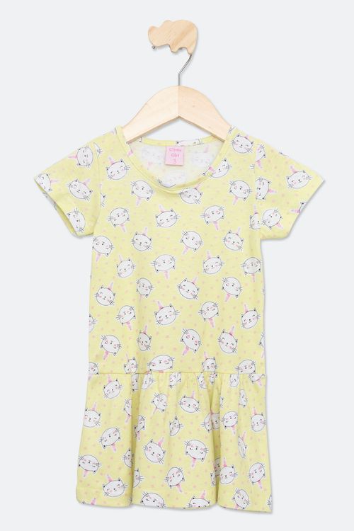 Vestido Infantil com Estampa Gatinho Amarelo Tam 1 a 3