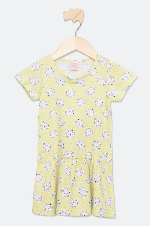 Vestido Infantil com Estampa Gatinho Amarelo Tam 1 a 3