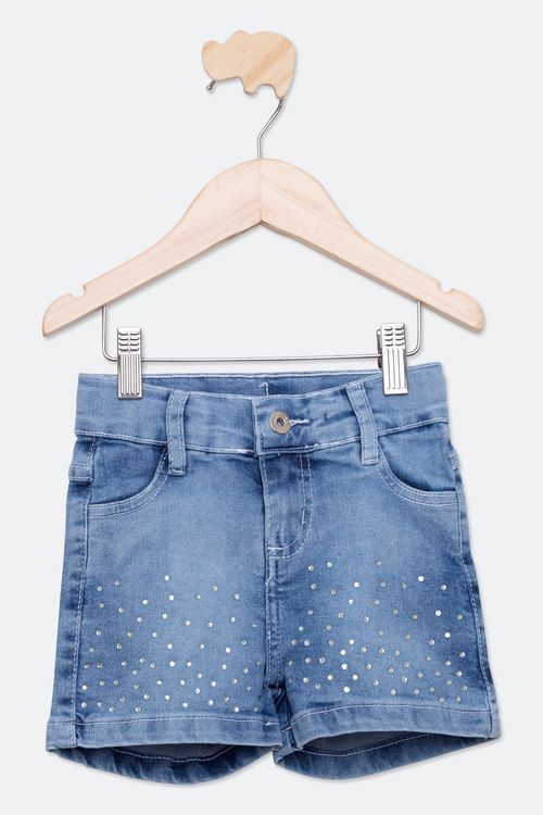 Shorts Jeans Infantil com Hotfix Azul Médio Tam 4 a 8