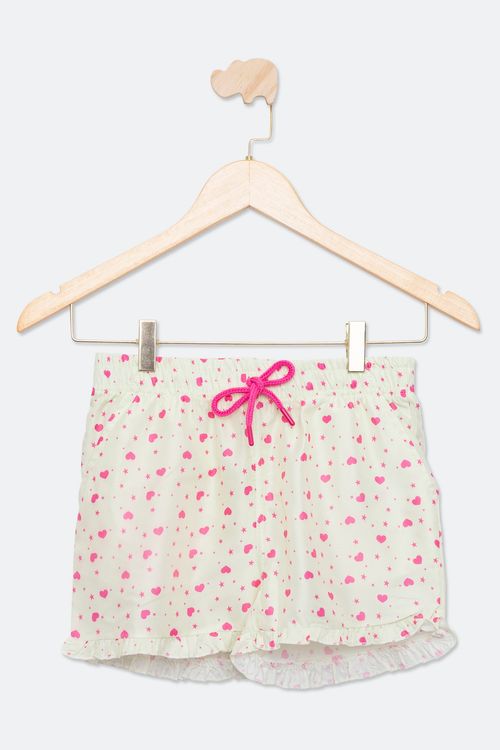 Shorts Infantil com Estampa Corações Rosa e Off White Tam 4 a 10