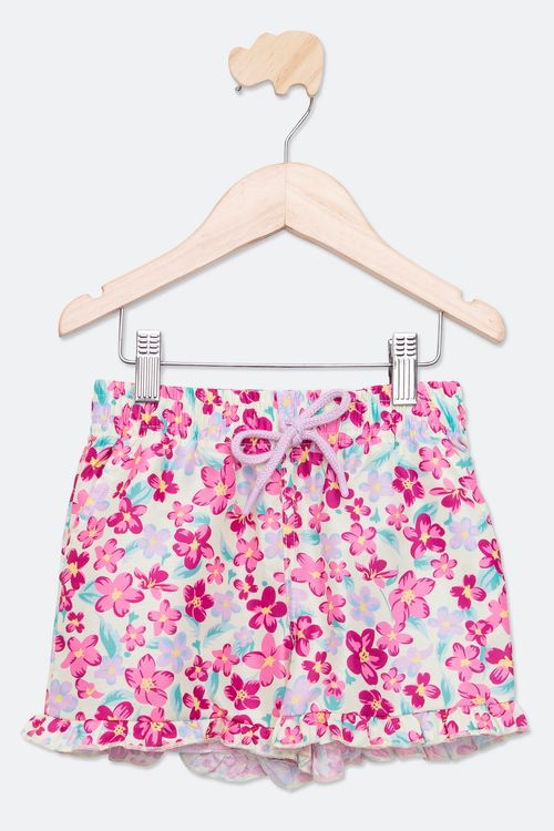 Shorts Infantil com Estampa Floral Rosa e Off White Tam 4 a 10