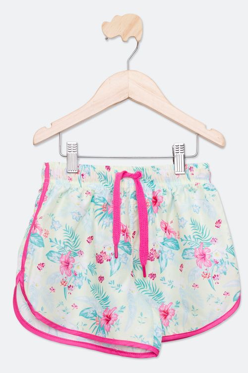 Shorts Juvenil com Estampa Floral Verde e Rosa Tam 10 a 16