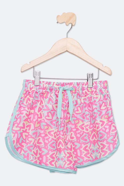 Shorts Juvenil com Estampa Corações Rosa e Azul Claro Tam 10 a 16