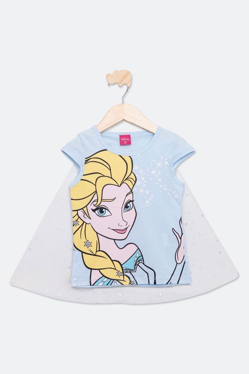 Blusa Infantil com Estampa Frozen e Capa Azul Claro Tam 4 a 10