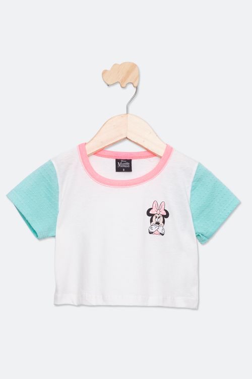 Blusa Cropped Infantil com Estampa Minnie Branca e Turquesa Tam 1 a 3