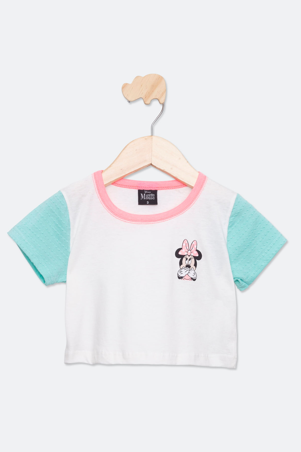 Blusa Cropped Infantil com Estampa Minnie Branca e Turquesa