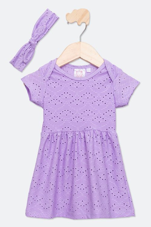 Vestido Infantil Bebê com Tiara en Laise Lilás Tam P ao G