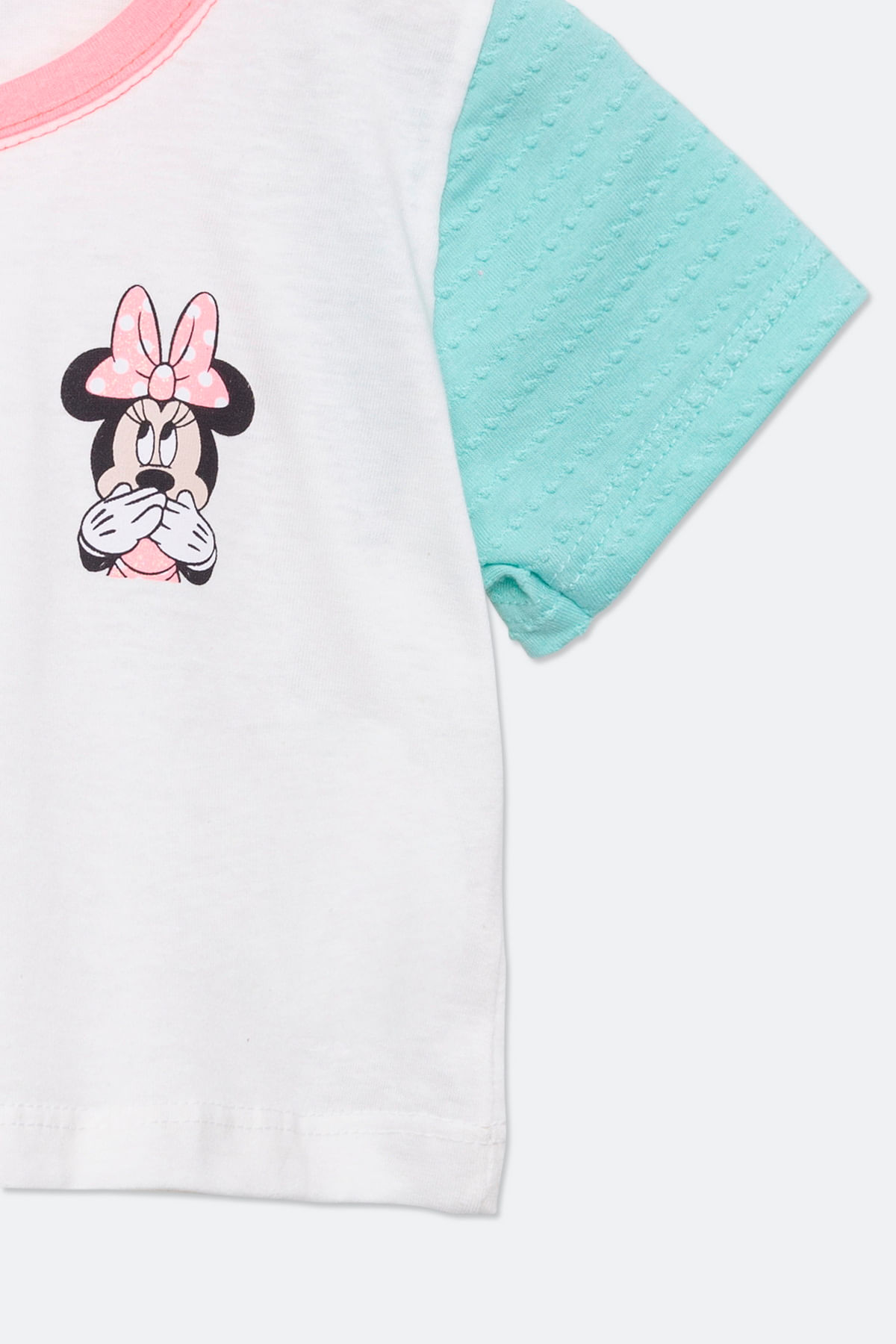 Blusa Cropped Infantil com Estampa Minnie Branca e Turquesa Tam 1 a 3