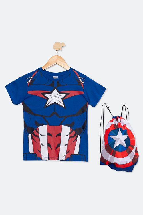 Camiseta Infantil e Mochila com Estampa Capitão América Azul Tam 4 a 10