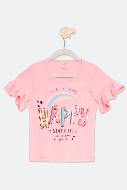 Blusa Infantil com Estampa Happy Rosa Claro Tam 4 a 8
