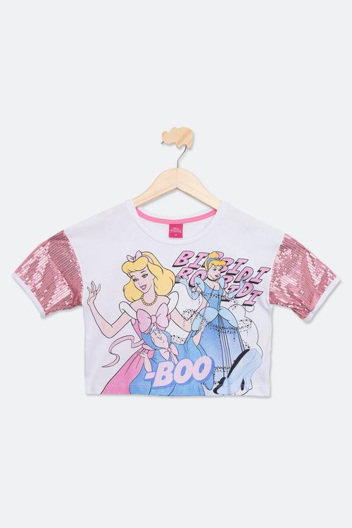 Blusa Cropped Juvenil Princesas Disney Rosa com Lantejoulas