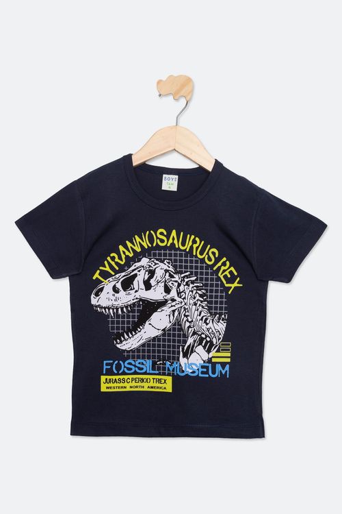 Camiseta Infantil com Estampa Dinossauro Azul Marinho Tam 4 a 10