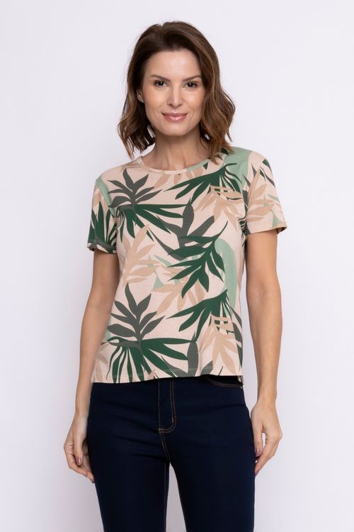 Blusa Feminina em Viscolycra Folhas Bege