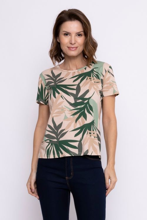 Blusa Feminina em Viscolycra com Estampa Folhas Bege