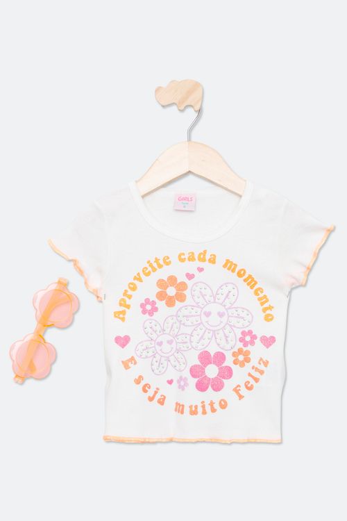 Blusa Cropped Infantil com Estampa Floral Off White Tam 4 a 8
