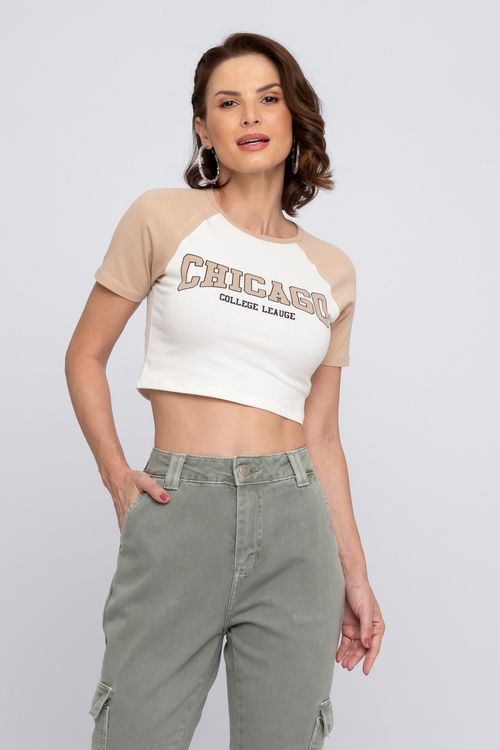 Blusa Cropped Feminina Raglan em Cotton Chicago Branca e Bege