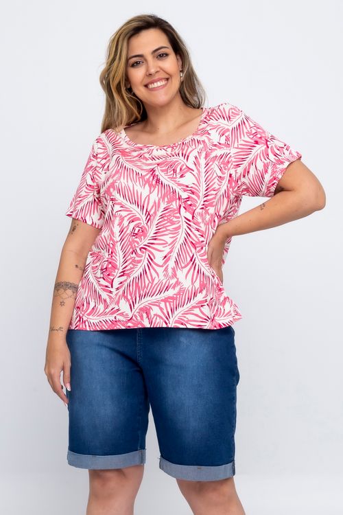 Blusa Casual Feminina em Viscolycra com Estampa Folhas Feita Pra Mim Branca e Rosa