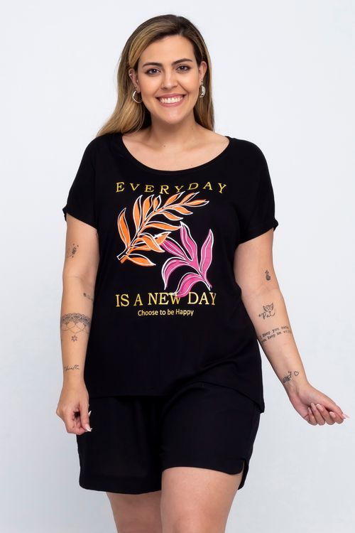 Blusa Casual Feminina em Viscose com Estampa Folhas Feita Pra Mim Preta