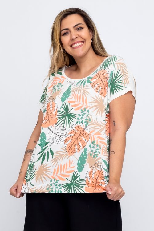 Blusa Casual Feminina em Viscose com Estampa Folhas Feita Pra Mim Branca Verde e Coral