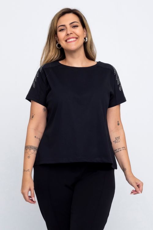 Blusa Casual Feminina com Aplicação Feita Pra Mim Preta