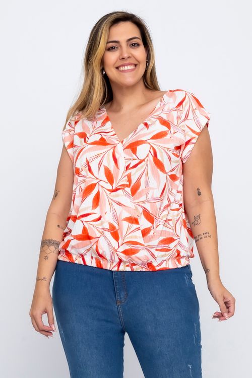 Blusa Casual Feminina com Estampa Folhas Feita Pra Mim Branca e Laranja