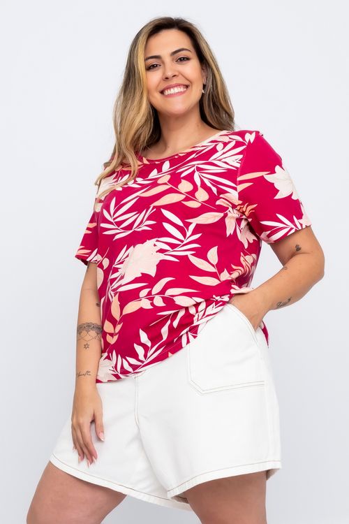 Blusa Casual Feminina em Viscolycra com Estampa Folhas Feita Pra Mim Pink e Branca