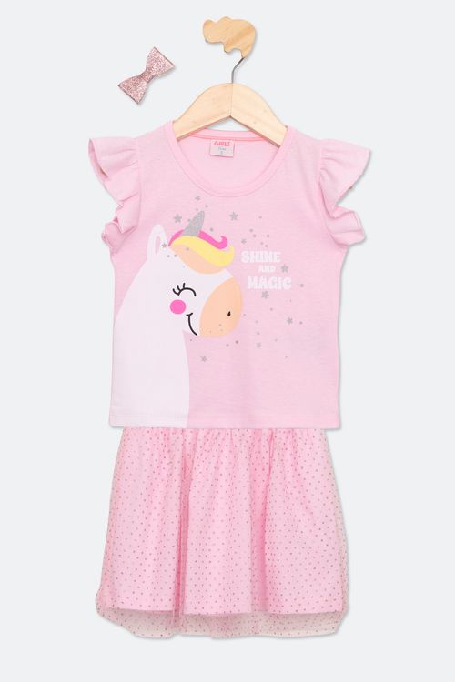 Conjunto Infantil Camiseta Saia e Laço Unicórnio Rosa Claro Tam 1 a 3