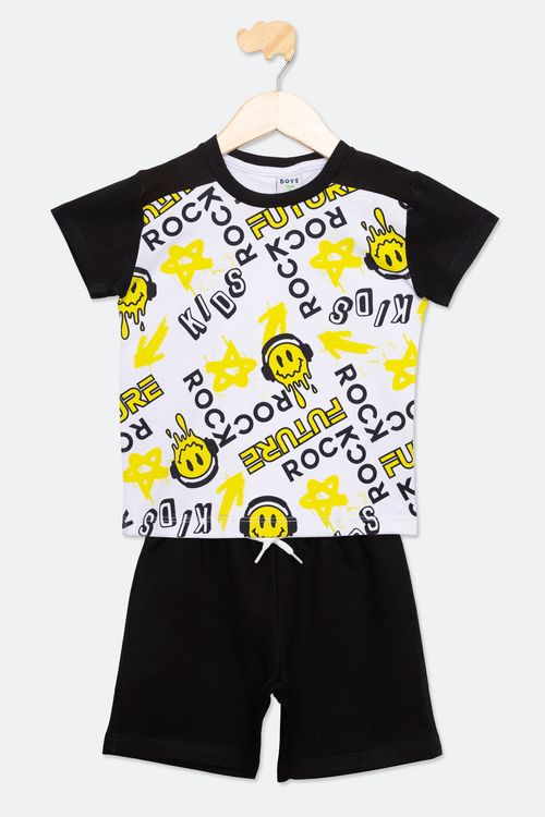 Conjunto Infantil Camiseta e Shorts Rock Preto Branco Tam 1 a 3