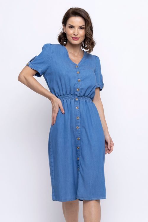 Vestido Feminino Lastrex com Botões Jeans Médio