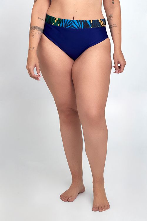 Biquíni Feita Pra Mim Feminino Bottom Folhagem Azul Escuro. Modelo Plus Size.