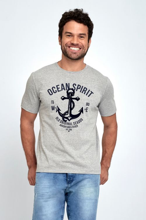 CAMISETA MASC MC CASUAL FLOCADO CINZA - CINZA MEDIO