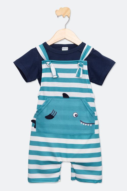 Conjunto Infantil Jardineira Tubarão Listrada Caedu 1-3 Anos