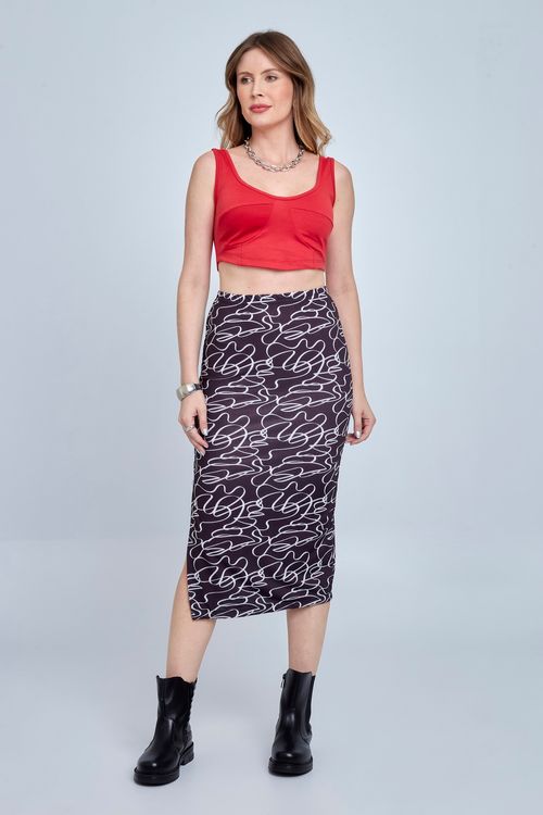 Saia Midi Feminina Estampada Preta e Branca