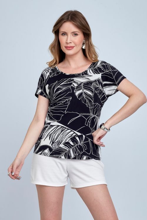 Blusa Feminina em Viscolycra Folhagens Preta