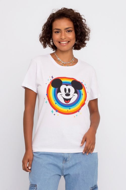 Blusa Feminina com Estampa Mickey Arco Íris Branca