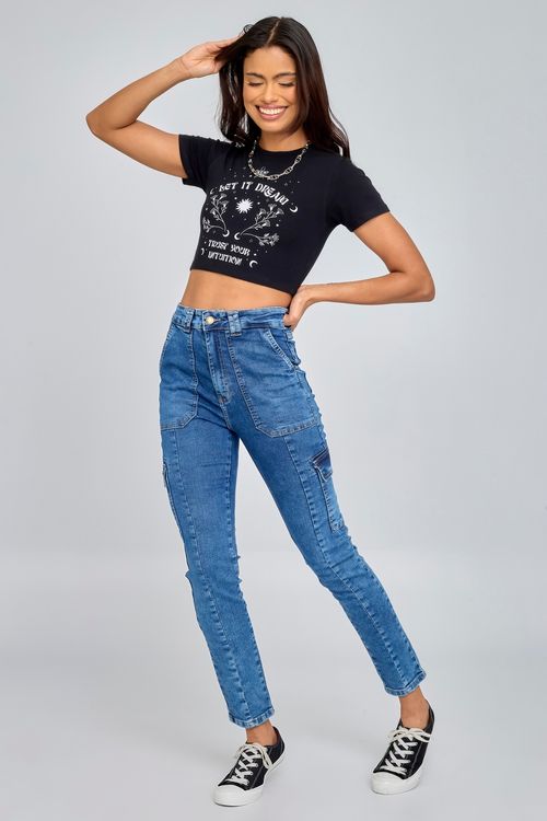 CALÇA FEM JEANS SKINNY CARGO - JEANS MEDIO