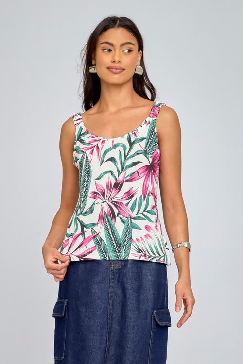 Regata Feminina com Alça Franzida Estampada Branca