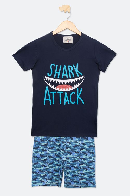 Pijama Juvenil Menino Tam 10 a 16 Manga Comprida Shark Estampado