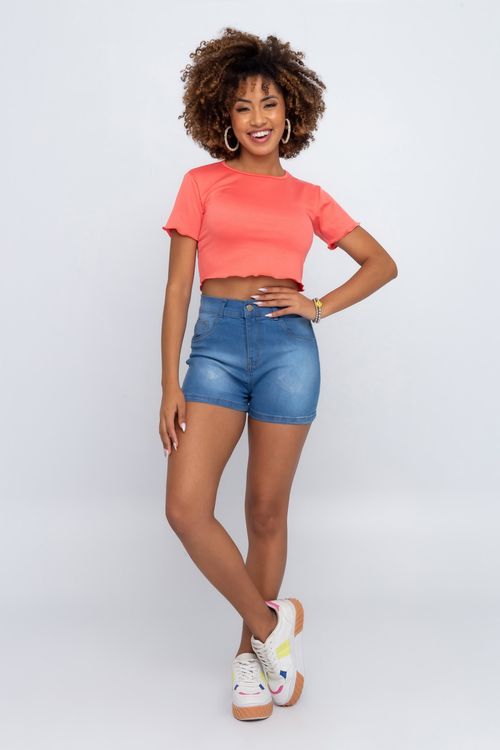 Shorts Feminino Jeans Barra Desfiada Médio