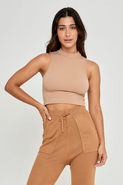 Blusa Cropped Feminina com Golinha Bege