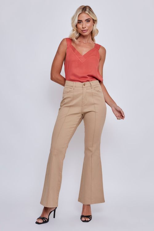 Calça Feminina Caedu Sarja Flare Bege Algodão