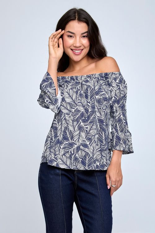 Blusa Ciganinha Feminina Folhagens Azul Marinho
