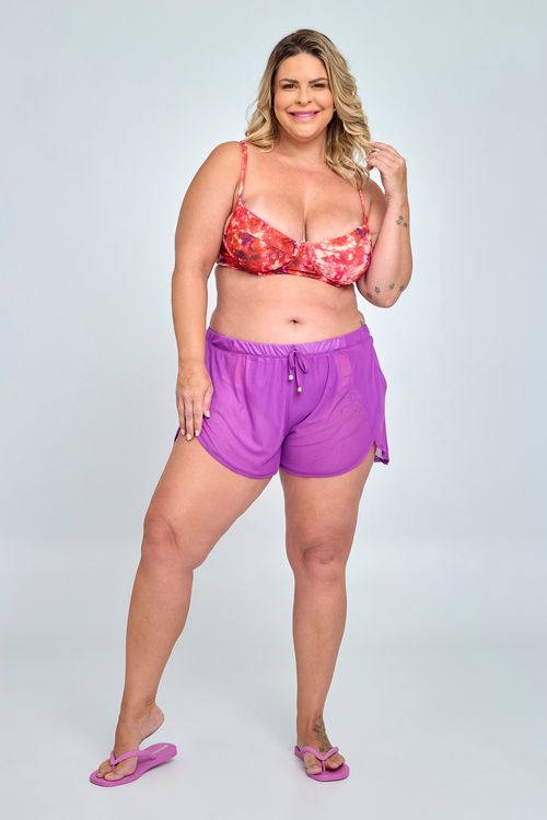 Short Feita Pra Mim Feminino Praia Mesh Roxo. Modelo Plus Size.