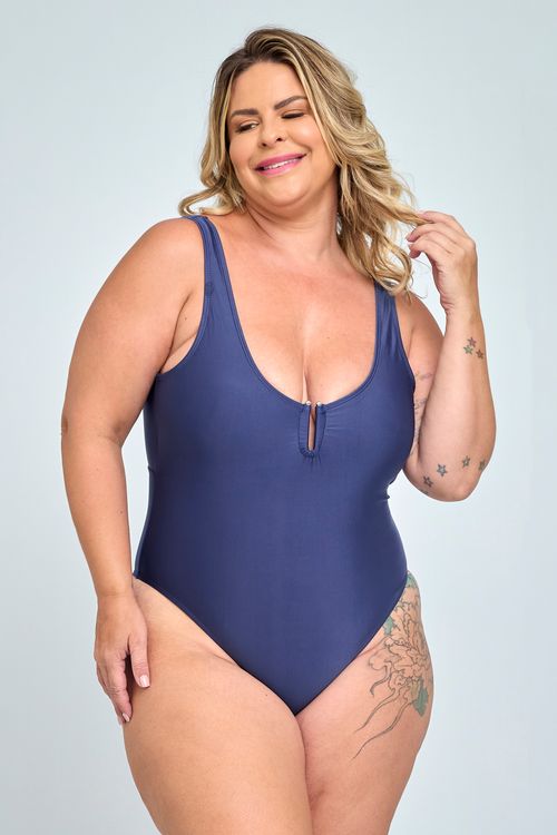 Maiô Feita Pra Mim Feminino Detalhe Metalizado Marinho. Modelo Plus Size.